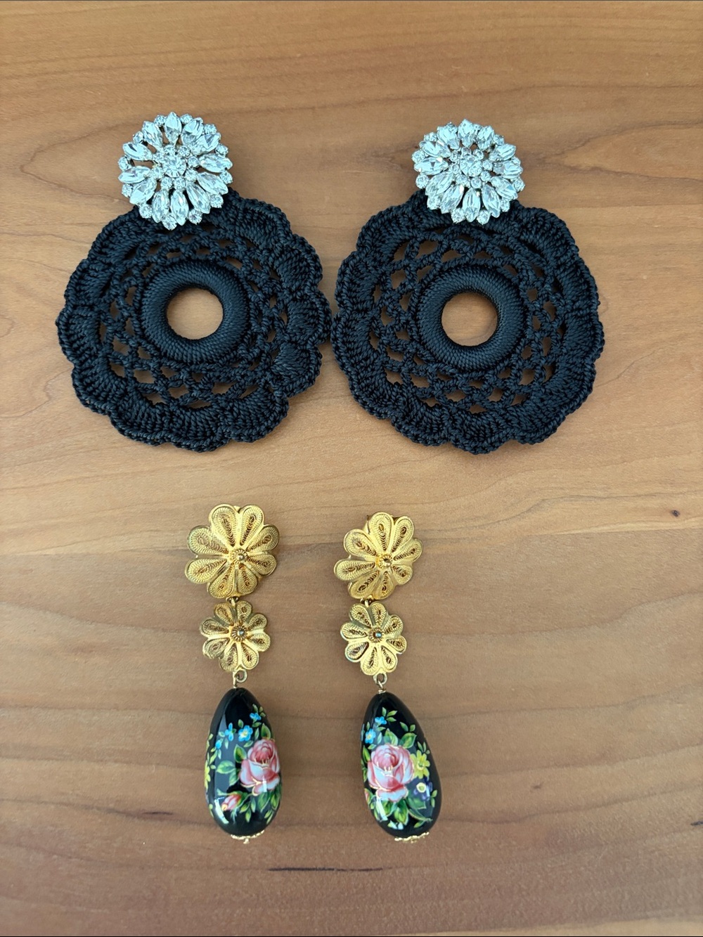 Seta -Black Crochet & Crystal Statement Earrings - set of 2